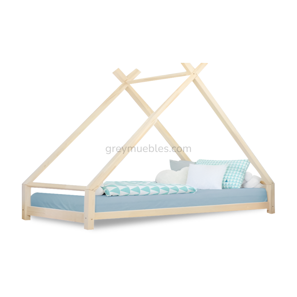 Cama infantil para niños, tamaño individual, en madera de pino chileno con colchón de espuma incluido.