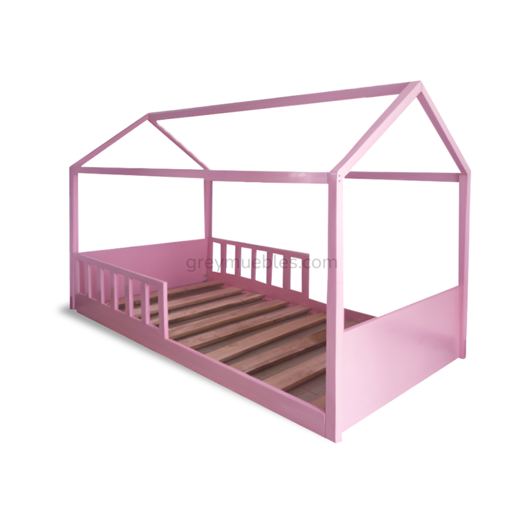 Cama para niño estilo casita, color rosado, de pino chileno con barandas de 90 cm