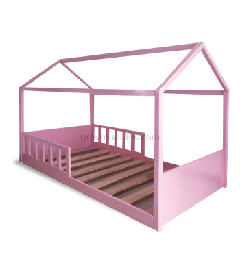 Cama para niño estilo casita, color rosado, de pino chileno con barandas de 90 cm