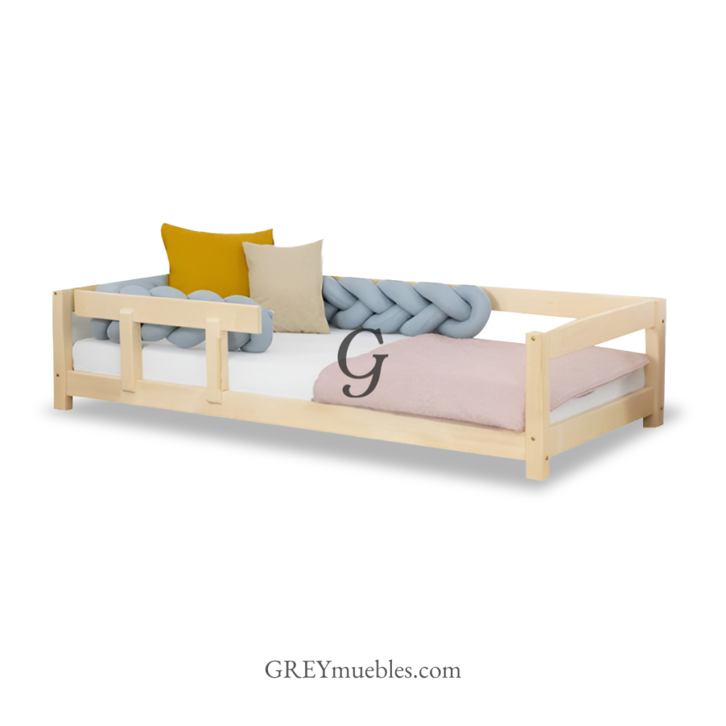 Cama para Niño ANGEL de pino chileno con barandas y colchón de espuma de 6 pulgadas, estilo Montessori