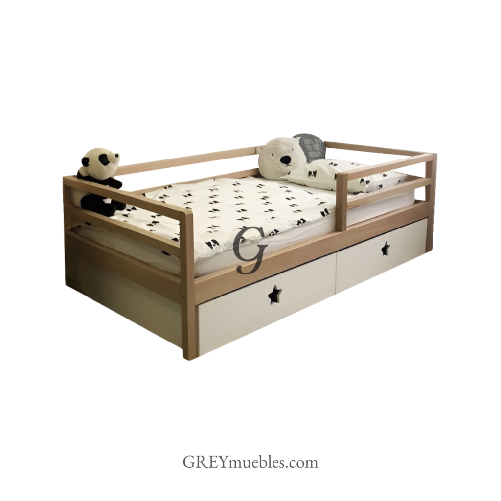 Cama SARA para niño estilo Montessori con opciones de cama nido, gavetas o gavetero, fabricada en madera de pino chileno.