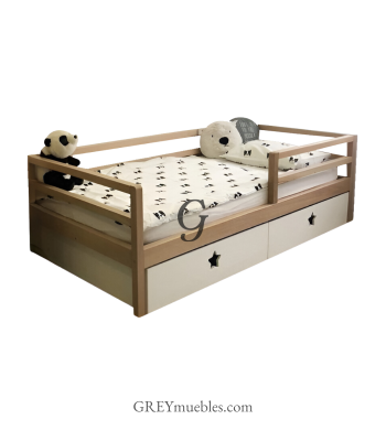 Cama SARA para niño estilo Montessori con opciones de cama nido, gavetas o gavetero, fabricada en madera de pino chileno.