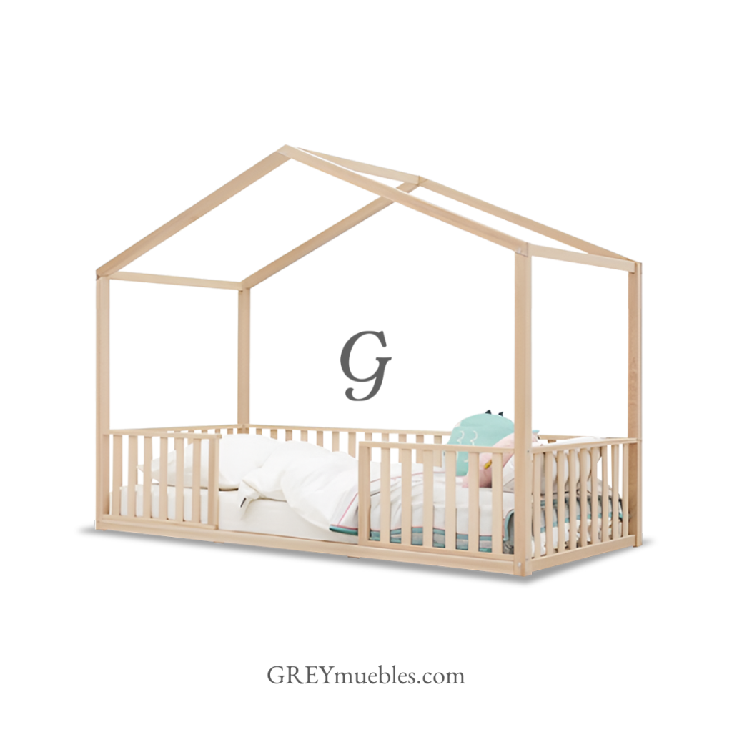 Cama YAN para niño estilo casita, madera pino chileno, individual con barandas a todo el rededor, altura 1.80 m